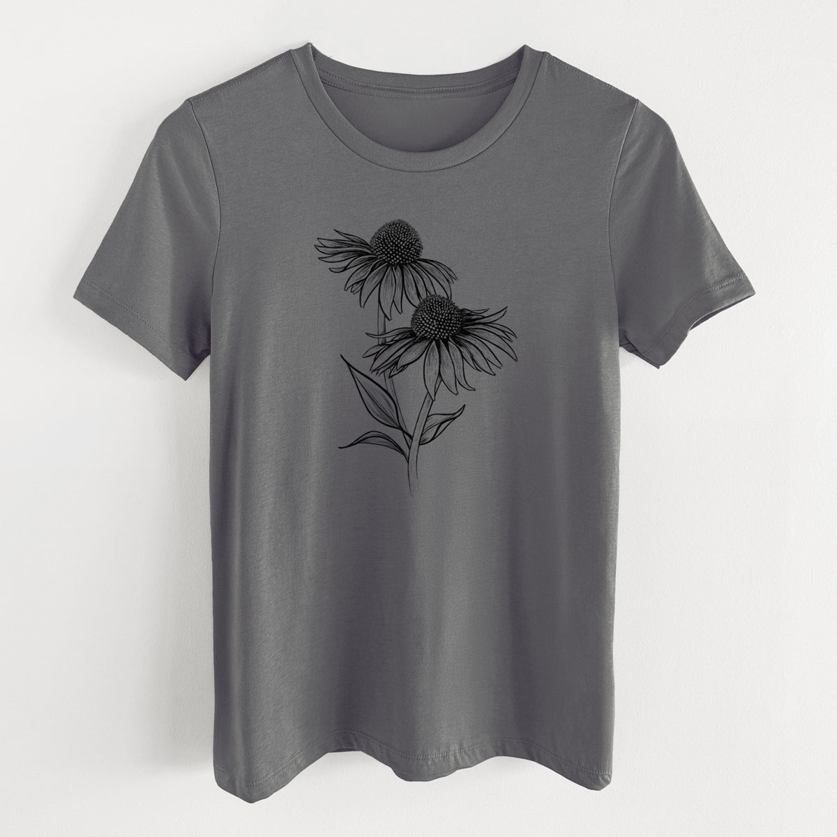 Asphalt women's relaxed fit cotton t-shirt laid flat, printed with a black ink line drawing of two coneflowers on tall stems.
