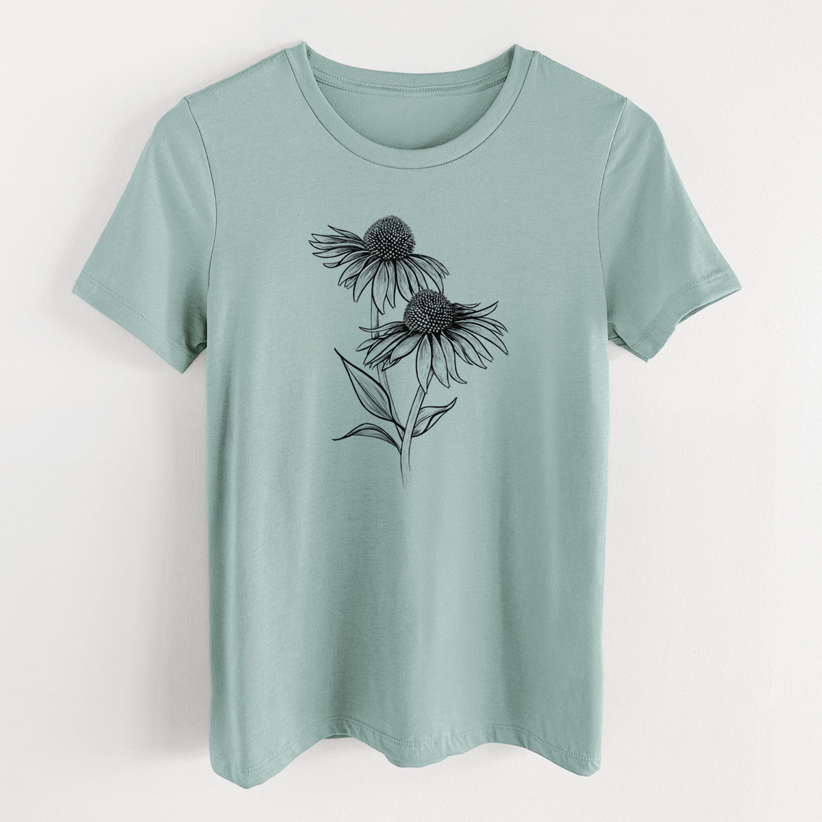 Dusty blue women's relaxed fit cotton t-shirt laid flat, printed with a black ink line drawing of two coneflowers on tall stems.