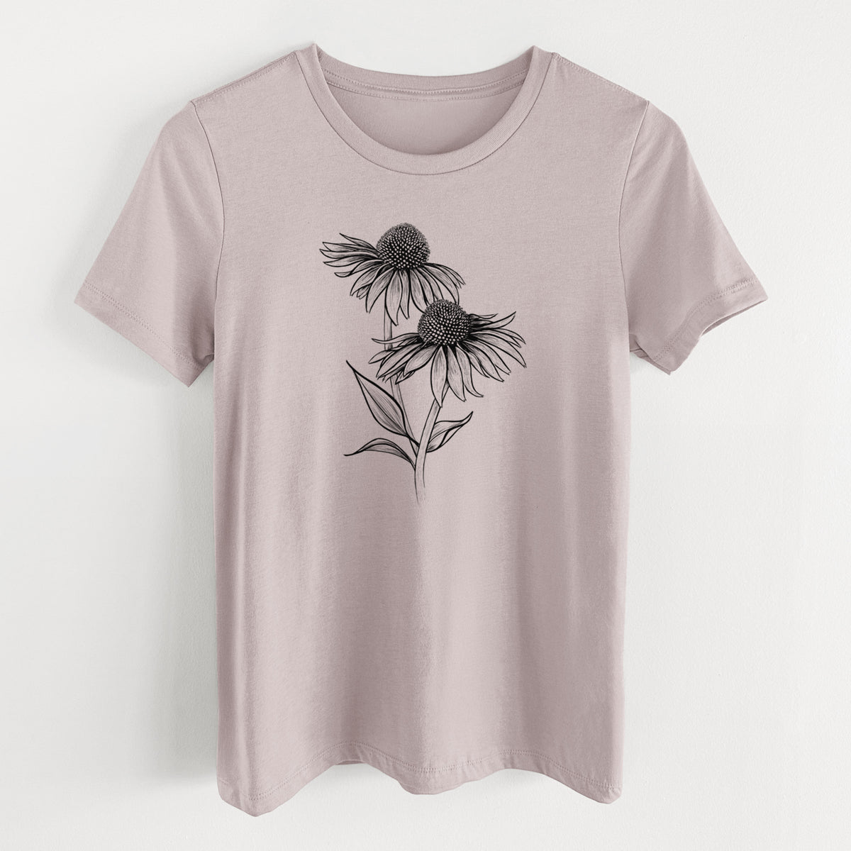 Pink gravel women's relaxed fit cotton t-shirt laid flat, printed with a black ink line drawing of two coneflowers on tall stems.