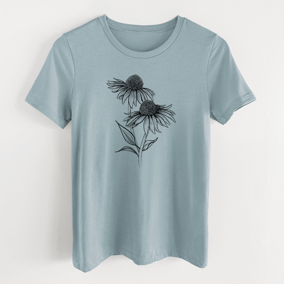 Vintage denim women's relaxed fit cotton t-shirt laid flat, printed with a black ink line drawing of two coneflowers on tall stems.