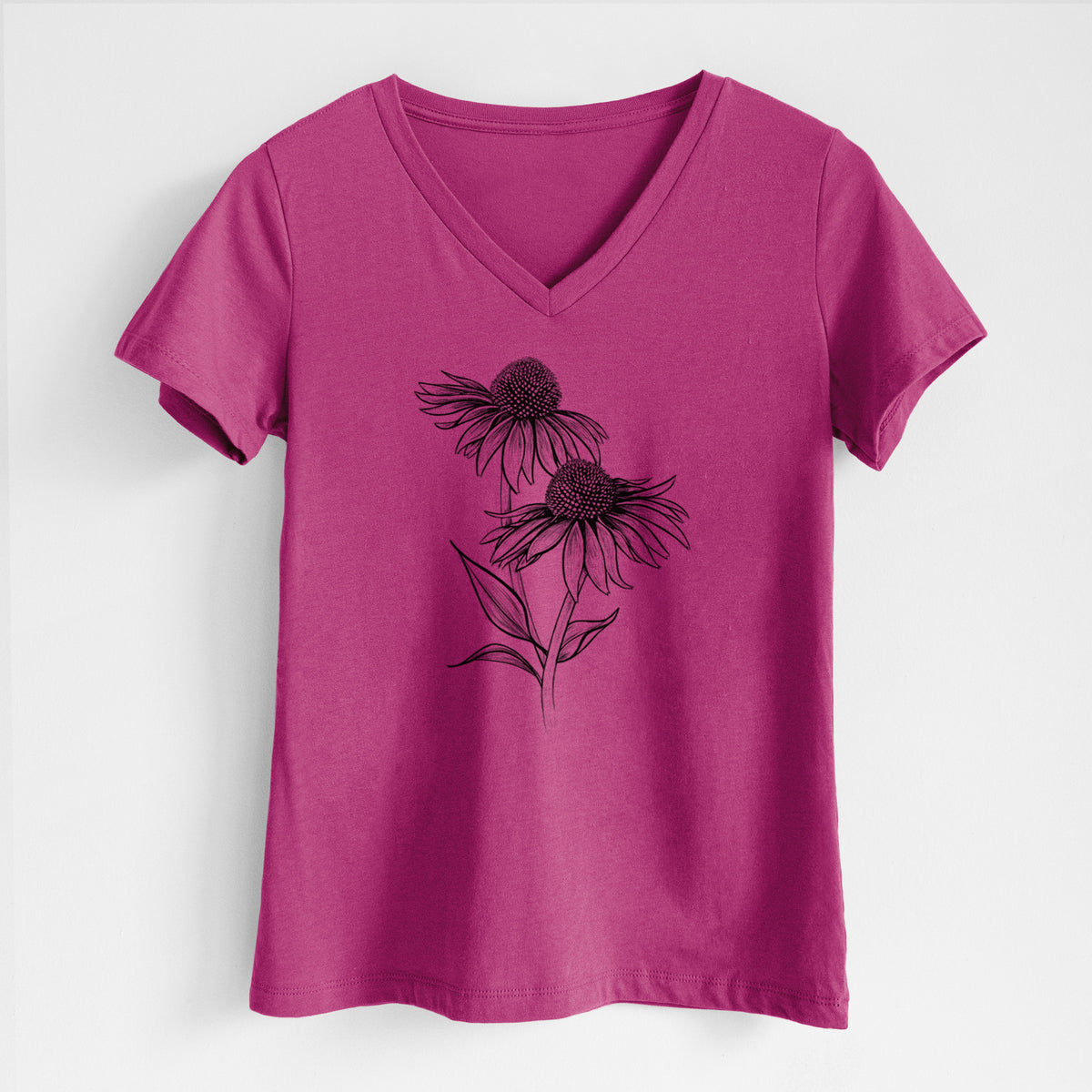 Berry pink women's relaxed fit cotton V-neck t-shirt laid flat, printed with a black ink line drawing of two coneflowers on tall stems.