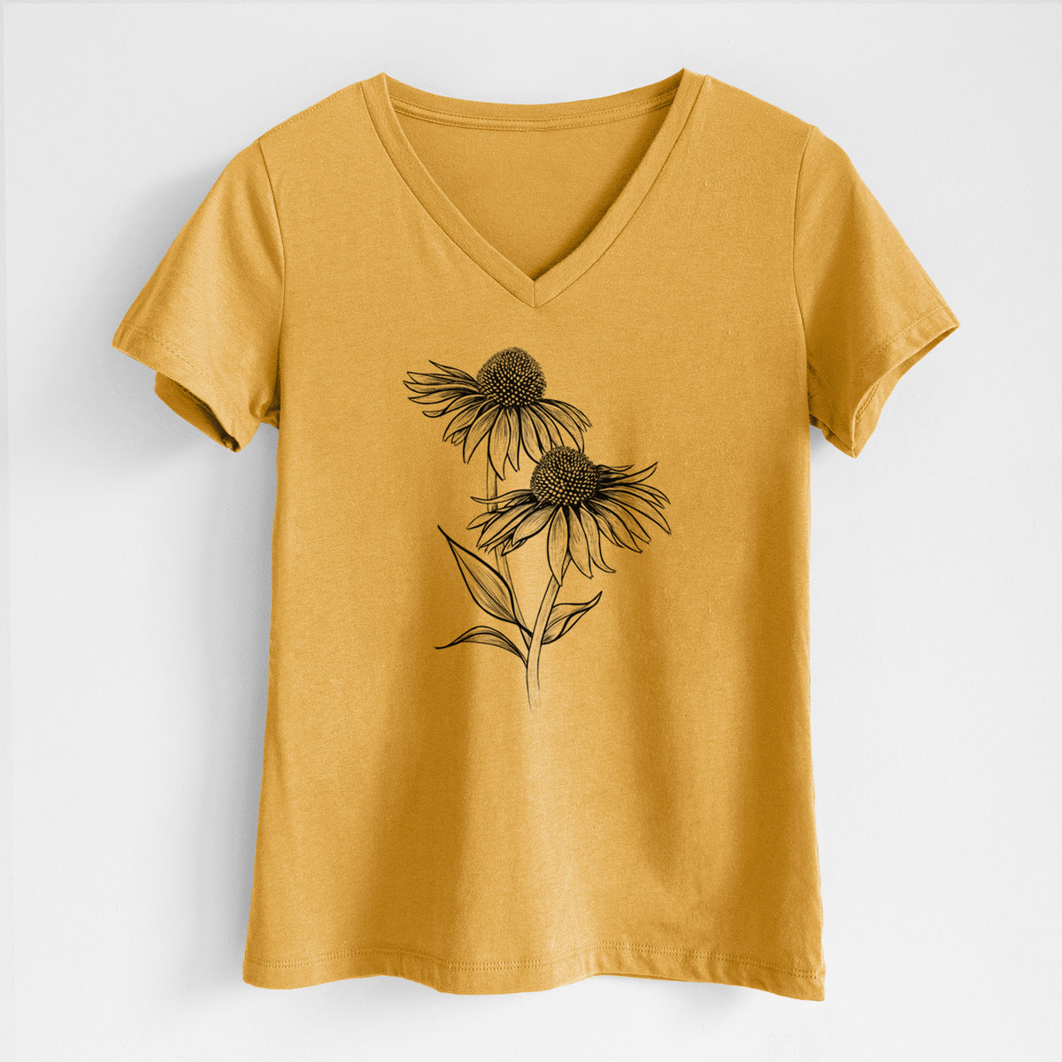 Honeycomb yellow women's relaxed fit cotton V-neck t-shirt laid flat, printed with a black ink line drawing of two coneflowers on tall stems.