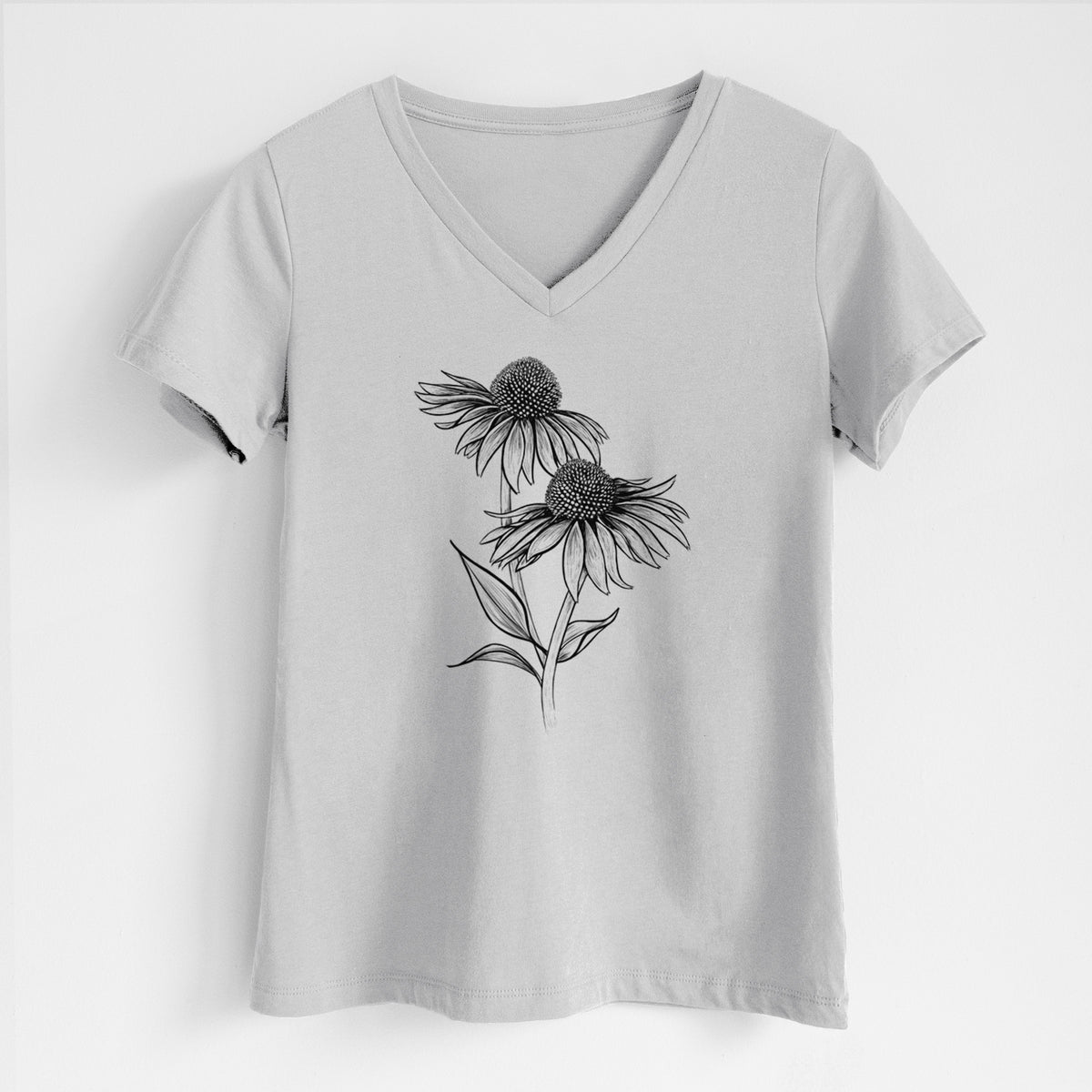 Lunar grey women's relaxed fit cotton V-neck t-shirt laid flat, printed with a black ink line drawing of two coneflowers on tall stems.