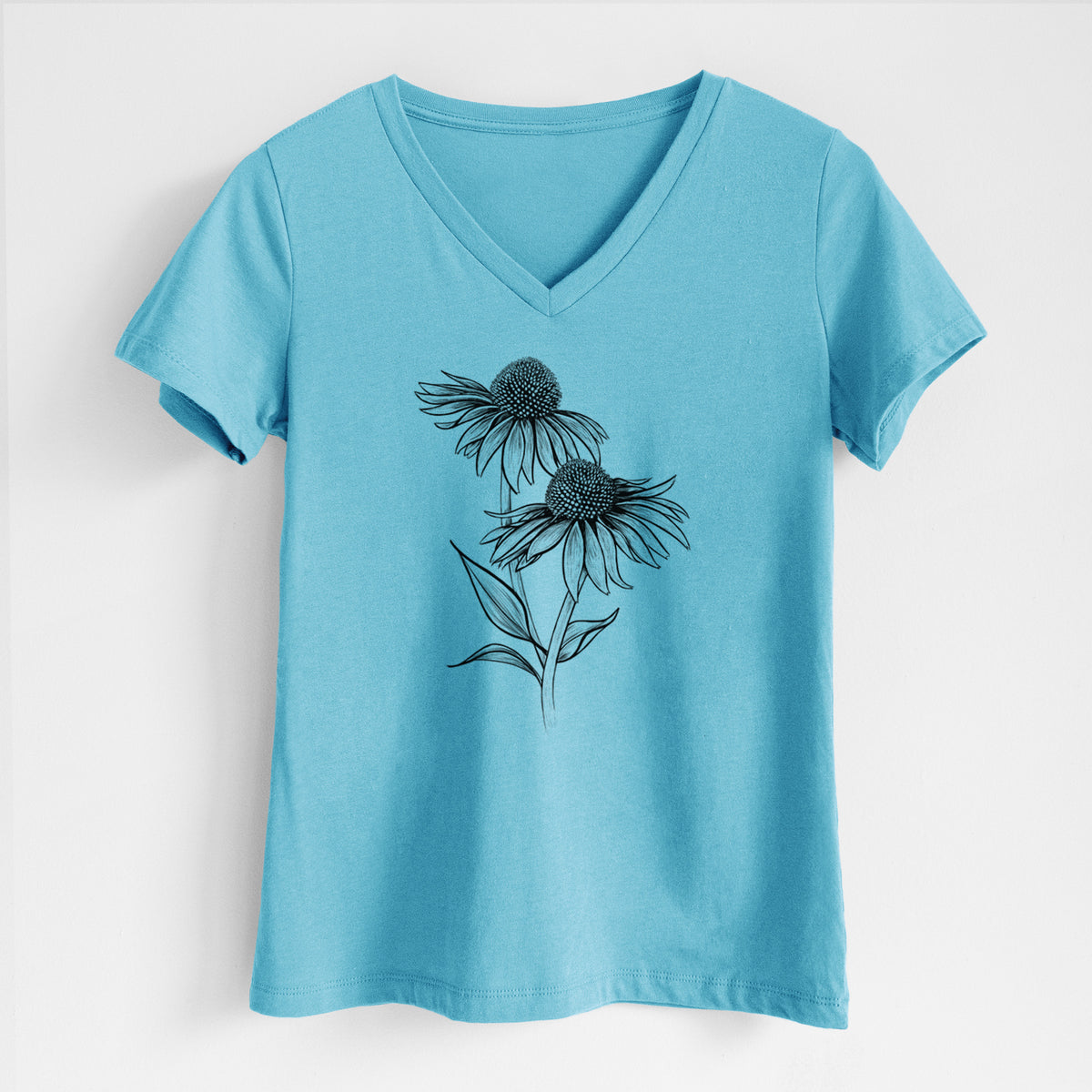 Turquoise women's relaxed fit cotton V-neck t-shirt laid flat, printed with a black ink line drawing of two coneflowers on tall stems.