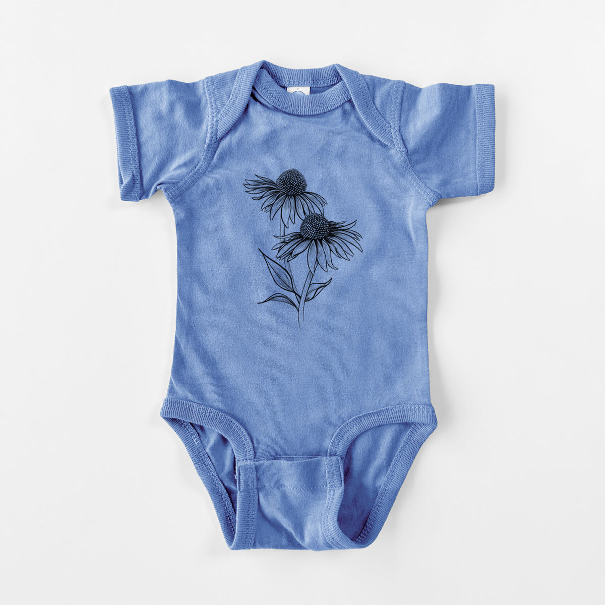 Carolina blue baby bodysuit laid flat, printed with a black ink line drawing of two coneflowers on tall stems.