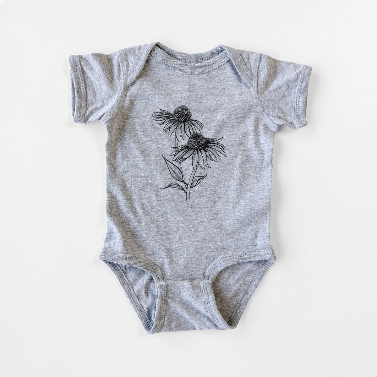 Grey baby bodysuit laid flat, printed with a black ink line drawing of two coneflowers on tall stems.