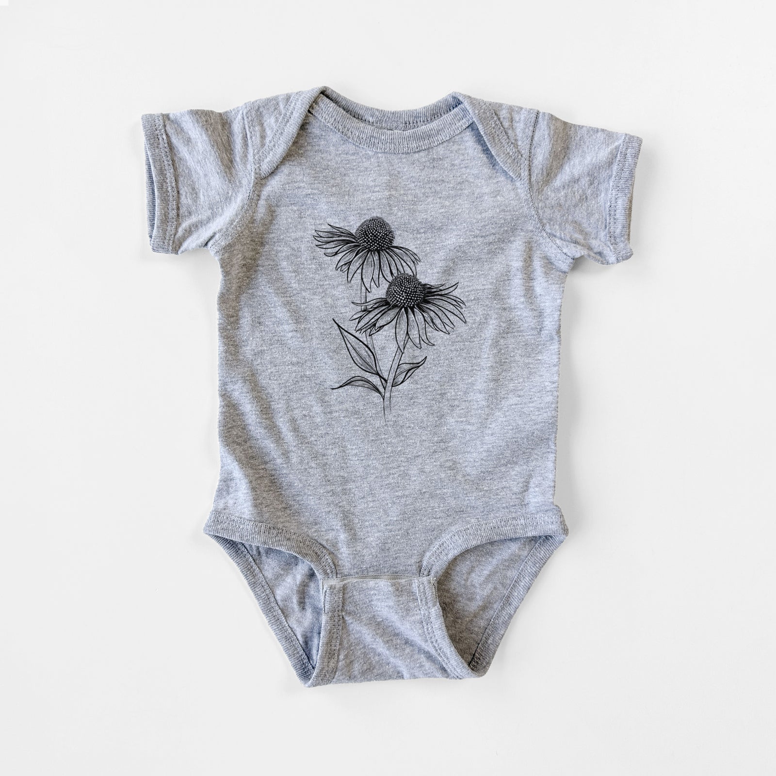 Grey baby bodysuit laid flat, printed with a black ink line drawing of two coneflowers on tall stems.