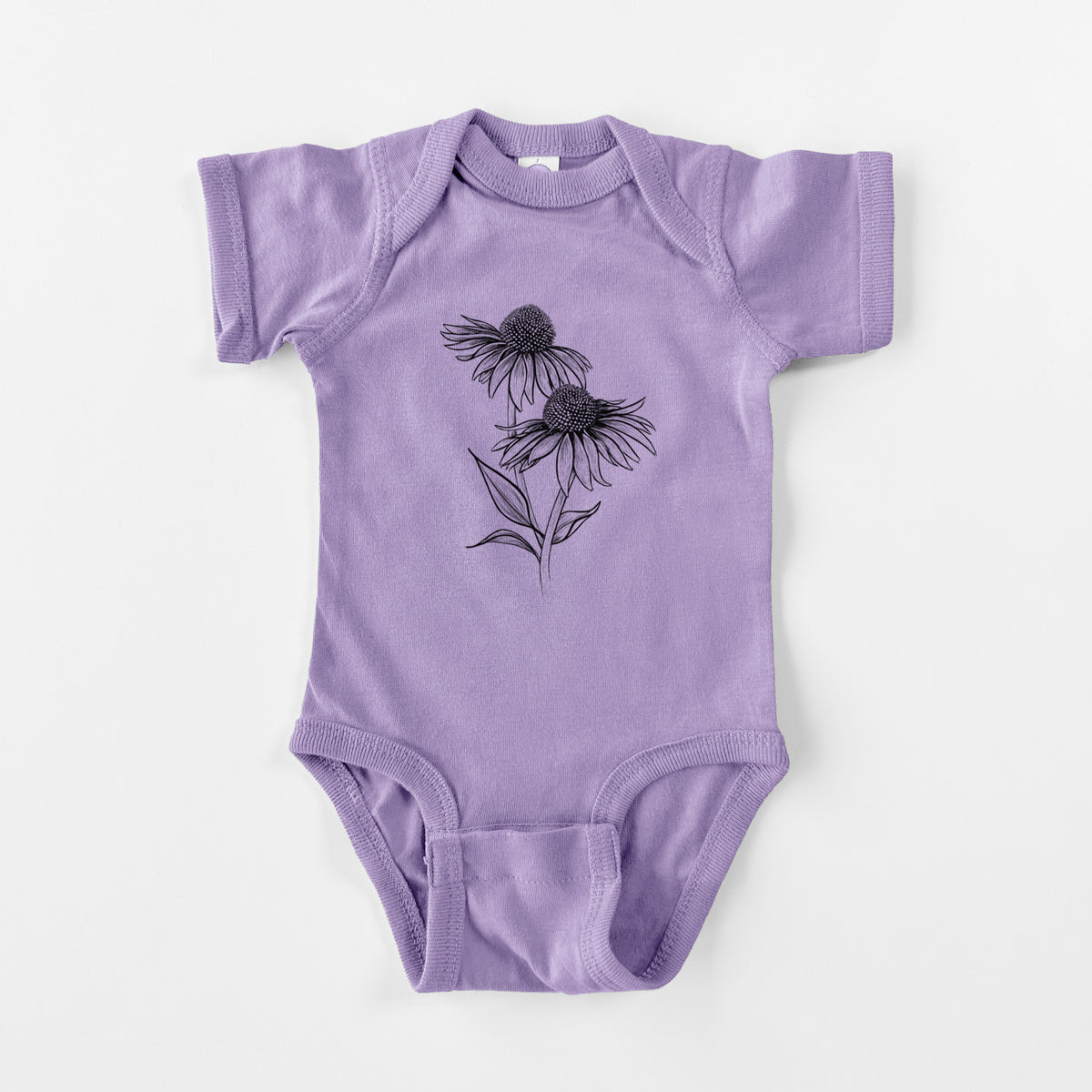 Lavender baby bodysuit laid flat, printed with a black ink line drawing of two coneflowers on tall stems.