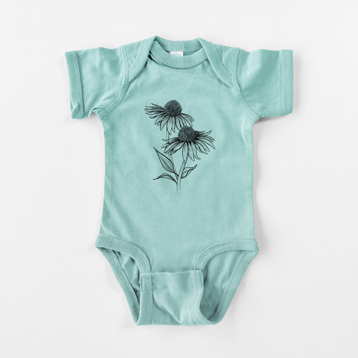 Saltwater baby bodysuit laid flat, printed with a black ink line drawing of two coneflowers on tall stems.