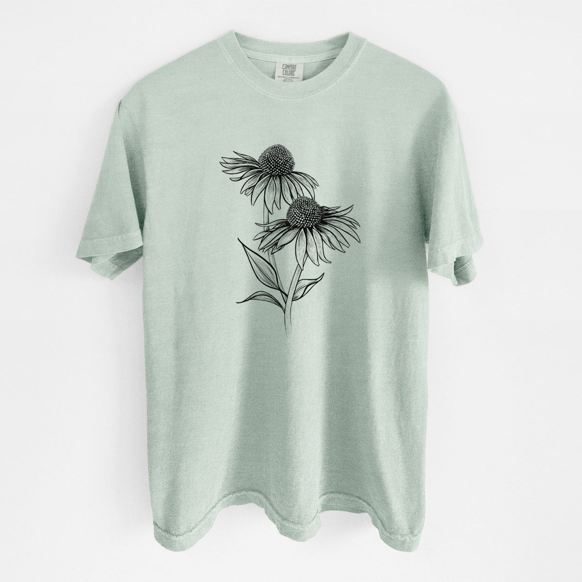 Bay green Comfort Colors t-shirt laid flat, printed with a black ink line drawing of two coneflowers on tall stems.