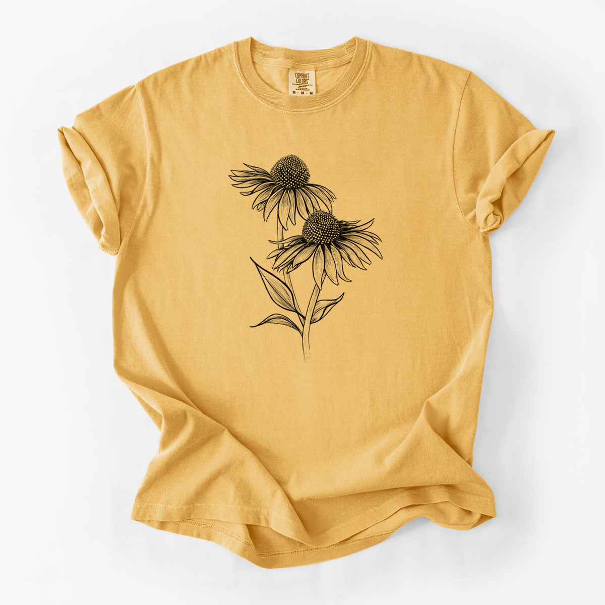 Golden wheat yellow Comfort Colors t-shirt laid flat, printed with a black ink line drawing of two coneflowers on tall stems.