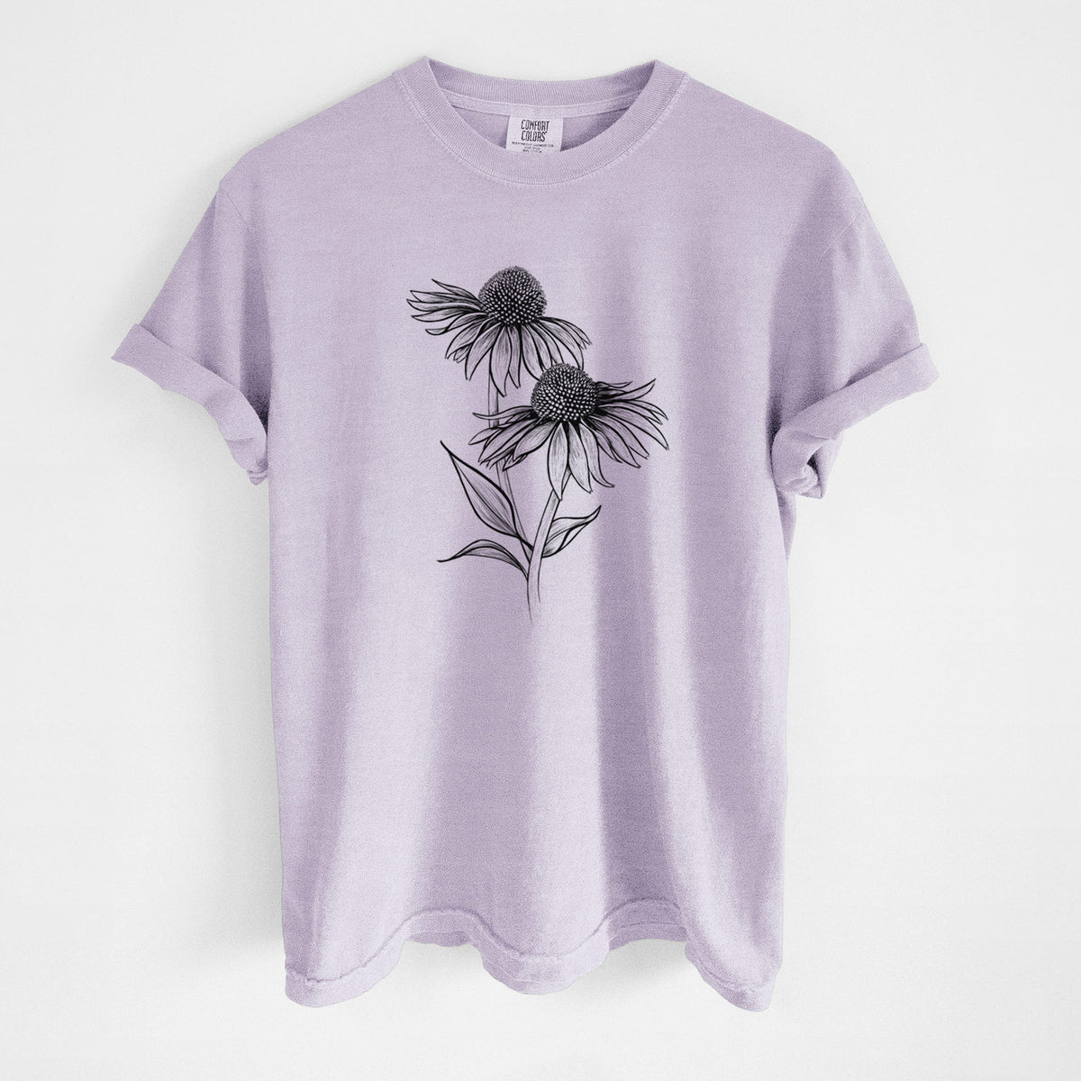 Orchid purple Comfort Colors t-shirt laid flat, printed with a black ink line drawing of two coneflowers on tall stems.