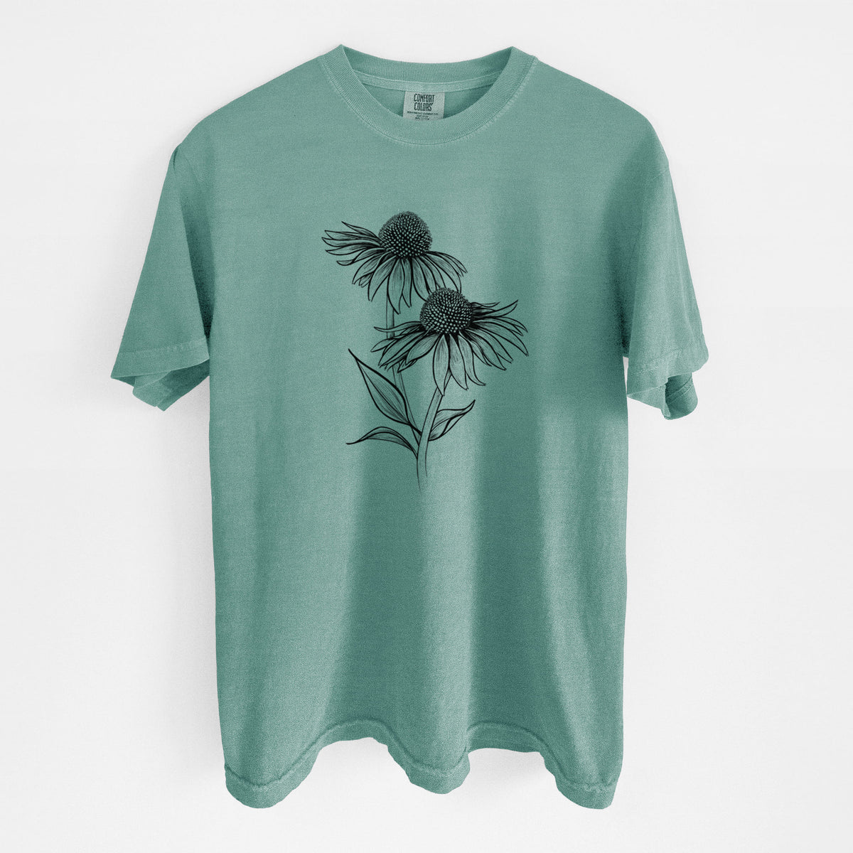 Reef green Comfort Colors t-shirt laid flat, printed with a black ink line drawing of two coneflowers on tall stems.