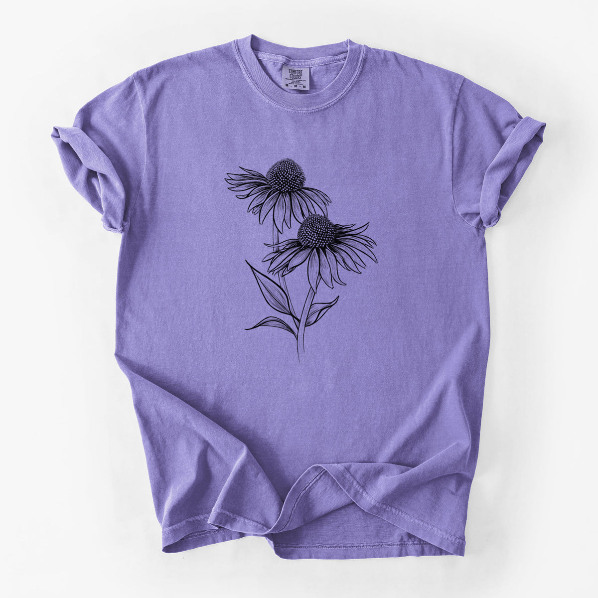Violet purple Comfort Colors t-shirt laid flat, printed with a black ink line drawing of two coneflowers on tall stems.