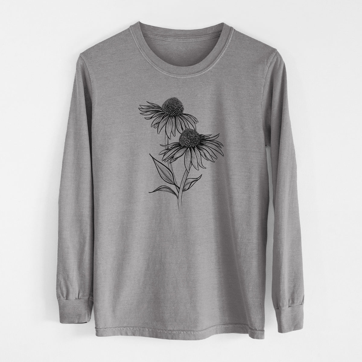 Grey Comfort Colors long sleeve shirt laid flat, printed with a black ink line drawing of two coneflowers on tall stems.