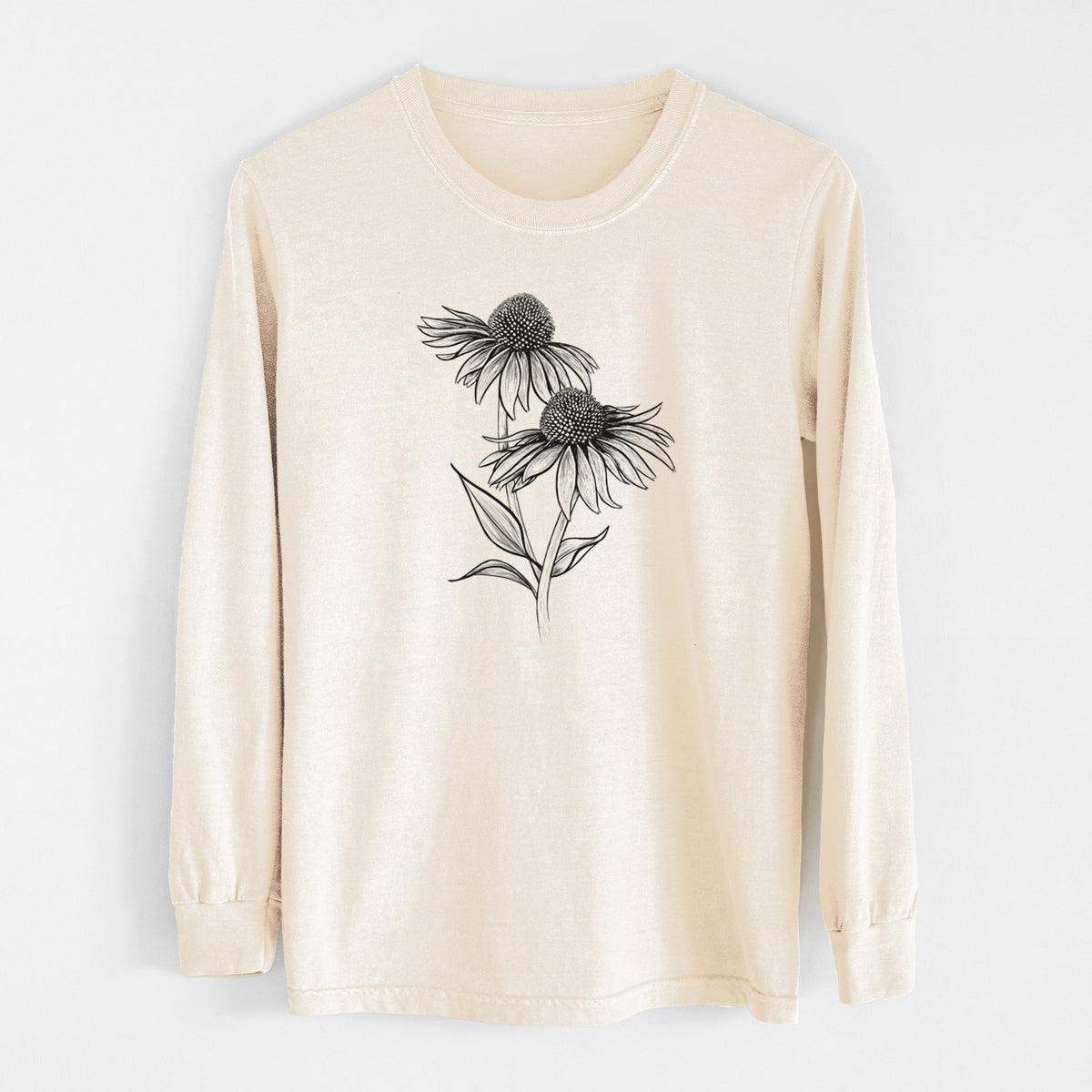 Ivory Comfort Colors long sleeve shirt laid flat, printed with a black ink line drawing of two coneflowers on tall stems.