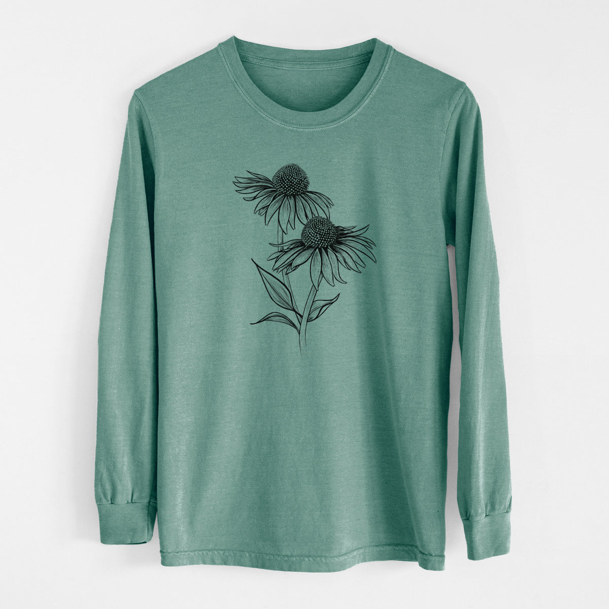 Pine green Comfort Colors long sleeve shirt laid flat, printed with a black ink line drawing of two coneflowers on tall stems.