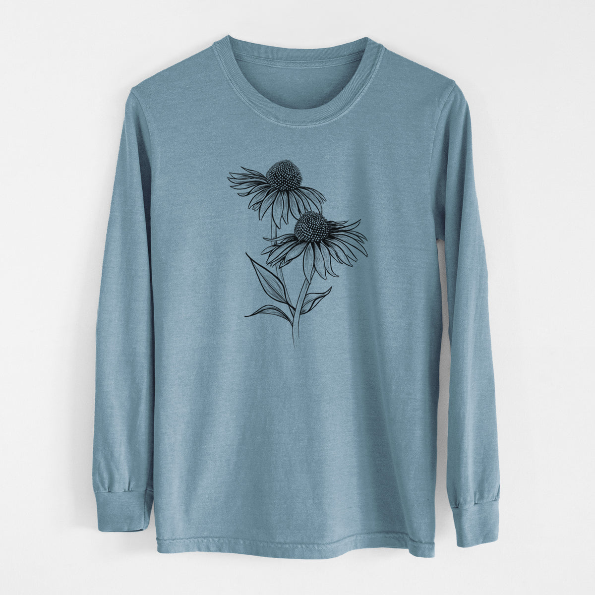 Steel blue Comfort Colors long sleeve shirt laid flat, printed with a black ink line drawing of two coneflowers on tall stems.