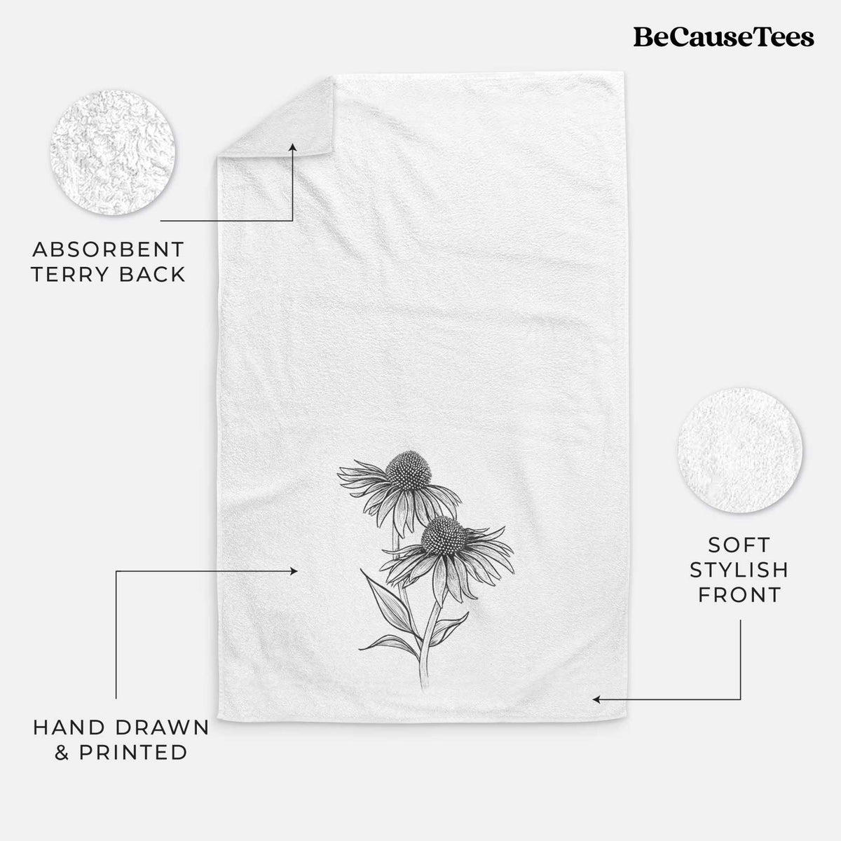 White hand towel printed with a black ink line drawing of two coneflowers on tall stems.