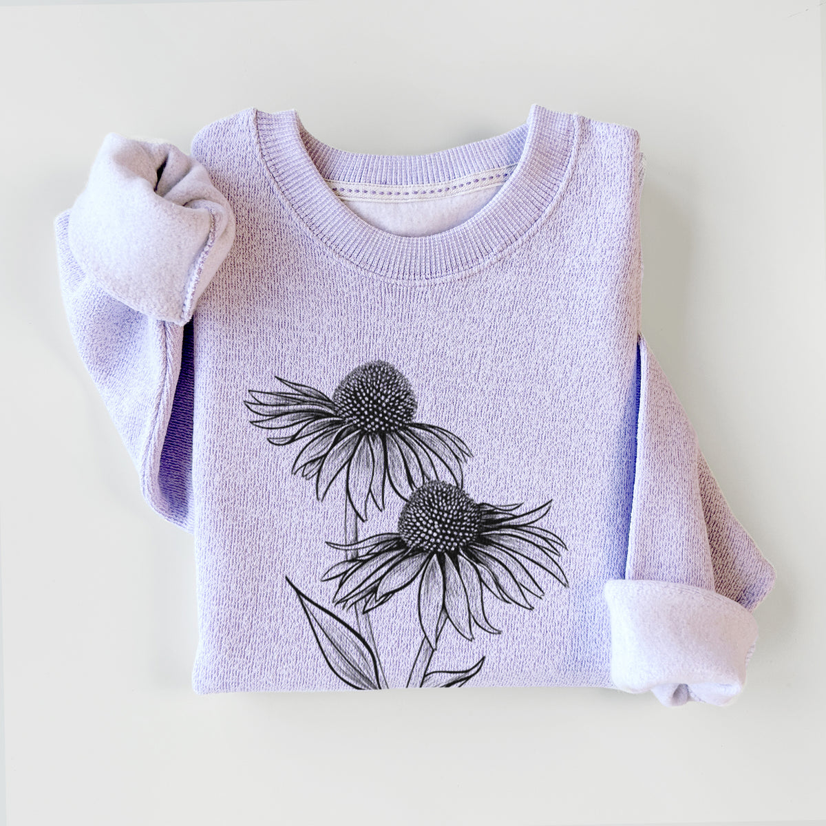 Ice purple knit sweatshirt printed with a black ink line drawing of two coneflowers on tall stems, styled flat.