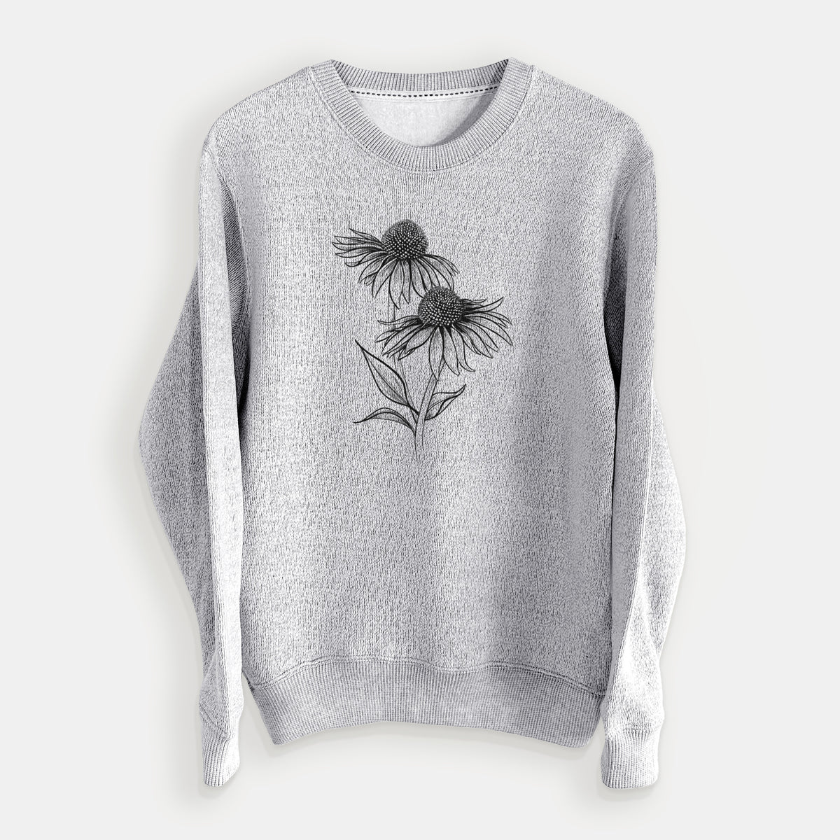 Salt and pepper knit sweatshirt laid flat, printed with a black ink line drawing of two coneflowers on tall stems.