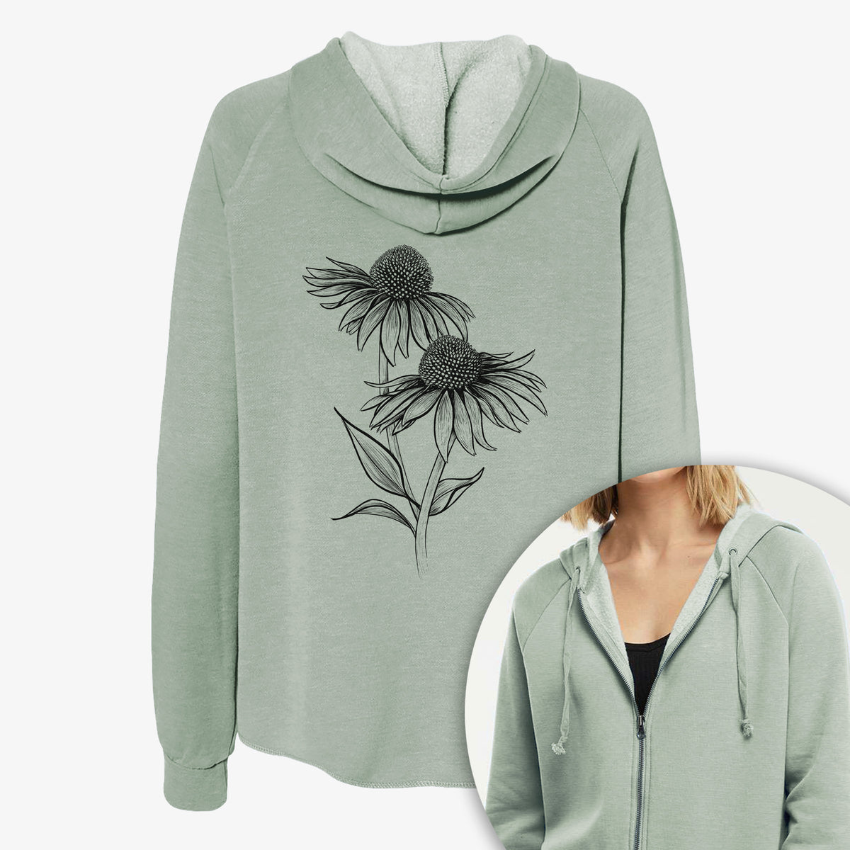 Women's Cali Wave zip-up sweatshirt printed with a black ink line drawing of two coneflowers on tall stems, with a close-up of the zipper.
