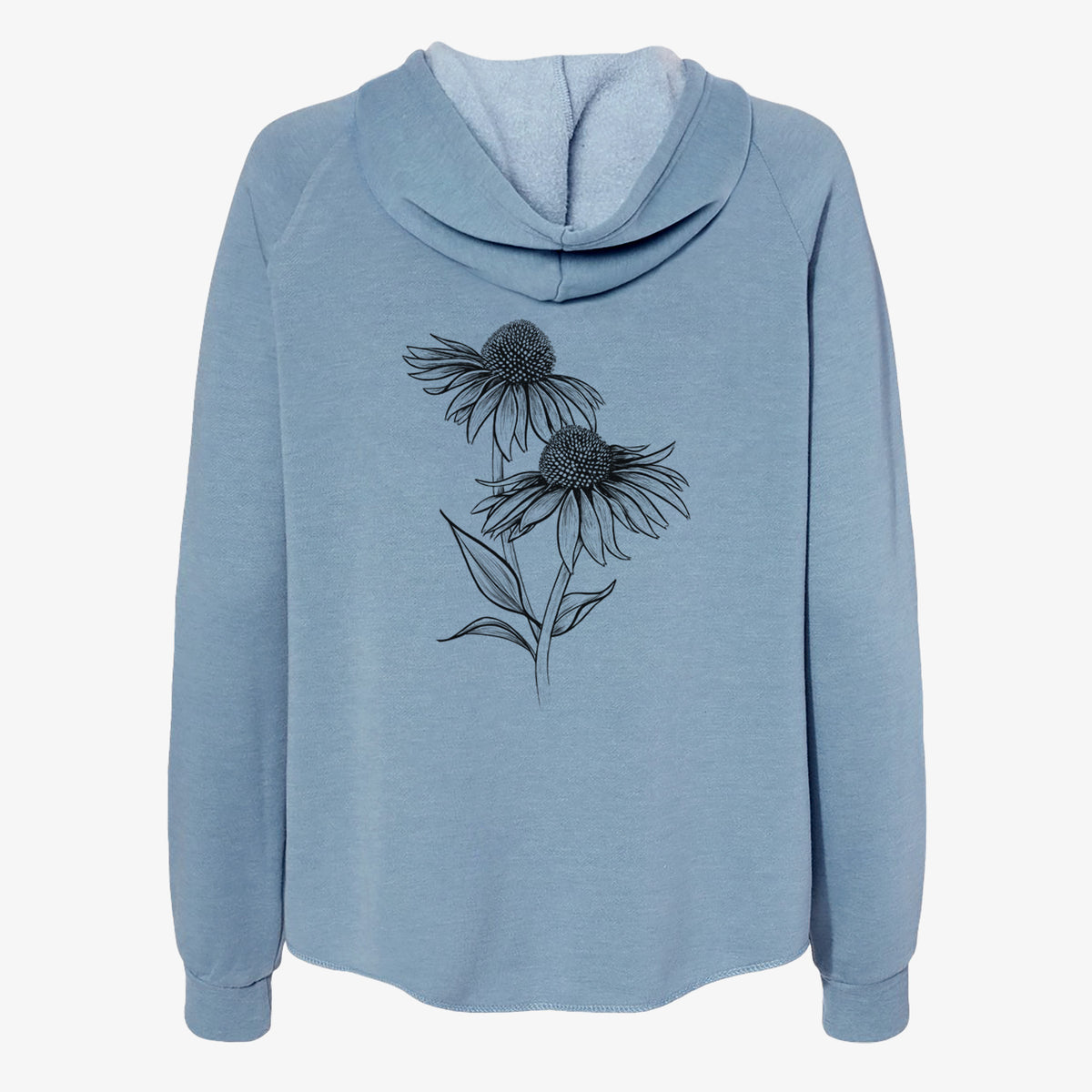 Misty blue women's Cali Wave zip-up sweatshirt laid flat, printed with a black ink line drawing of two coneflowers on tall stems.