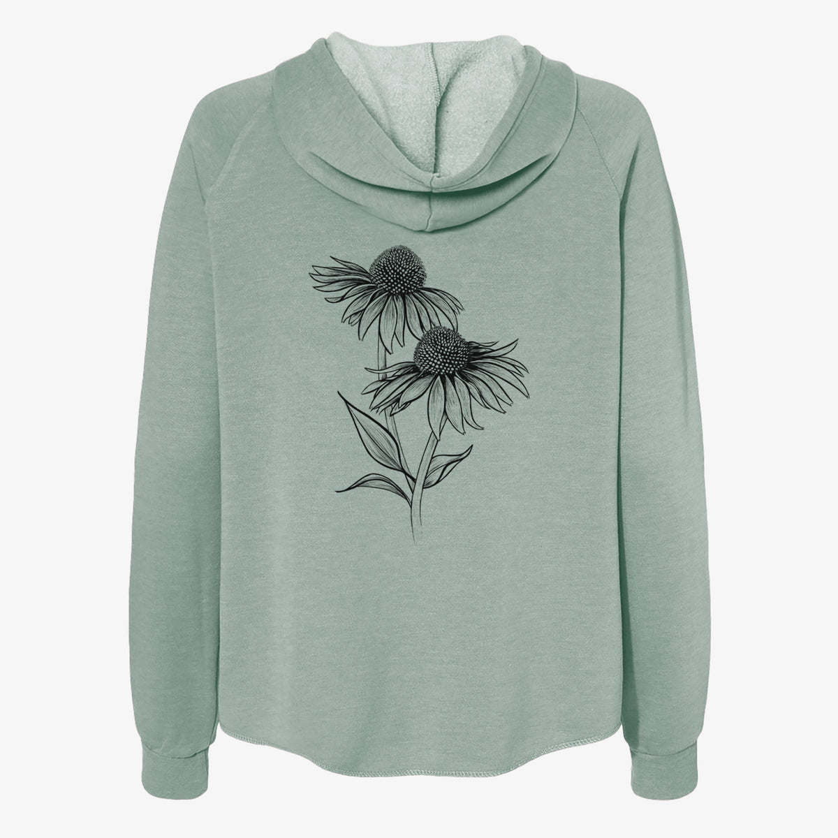 Sage green women's Cali Wave zip-up sweatshirt laid flat, printed with a black ink line drawing of two coneflowers on tall stems.