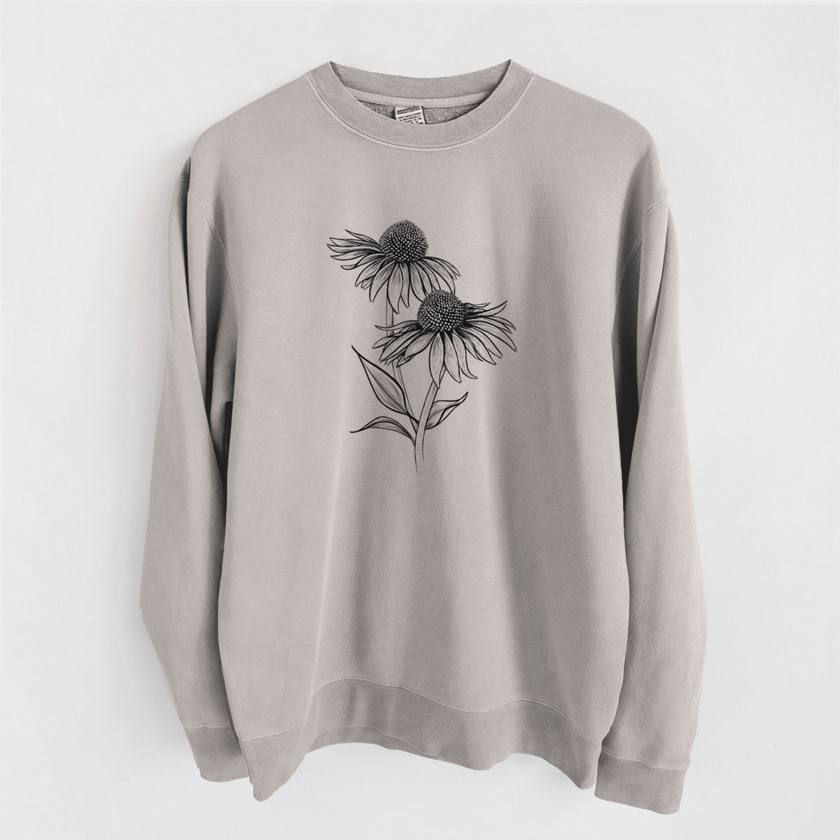 Cement grey pigment dyed crewneck sweatshirt laid flat, printed with a black ink line drawing of two coneflowers on tall stems.