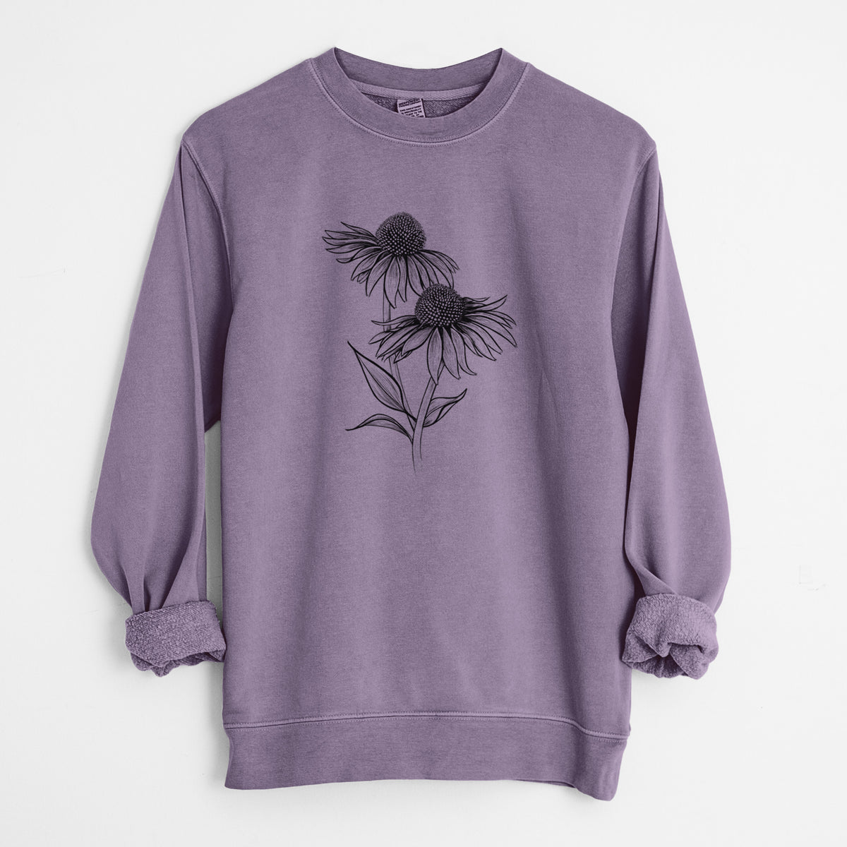 Plum purple pigment dyed crewneck sweatshirt laid flat with the sleeves rolled, printed with a black ink line drawing of two coneflowers on tall stems.