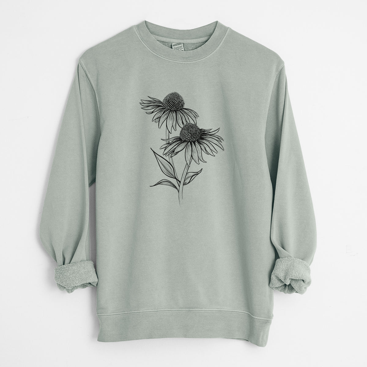 Sage green pigment dyed crewneck sweatshirt laid flat with the sleeves rolled, printed with a black ink line drawing of two coneflowers on tall stems.