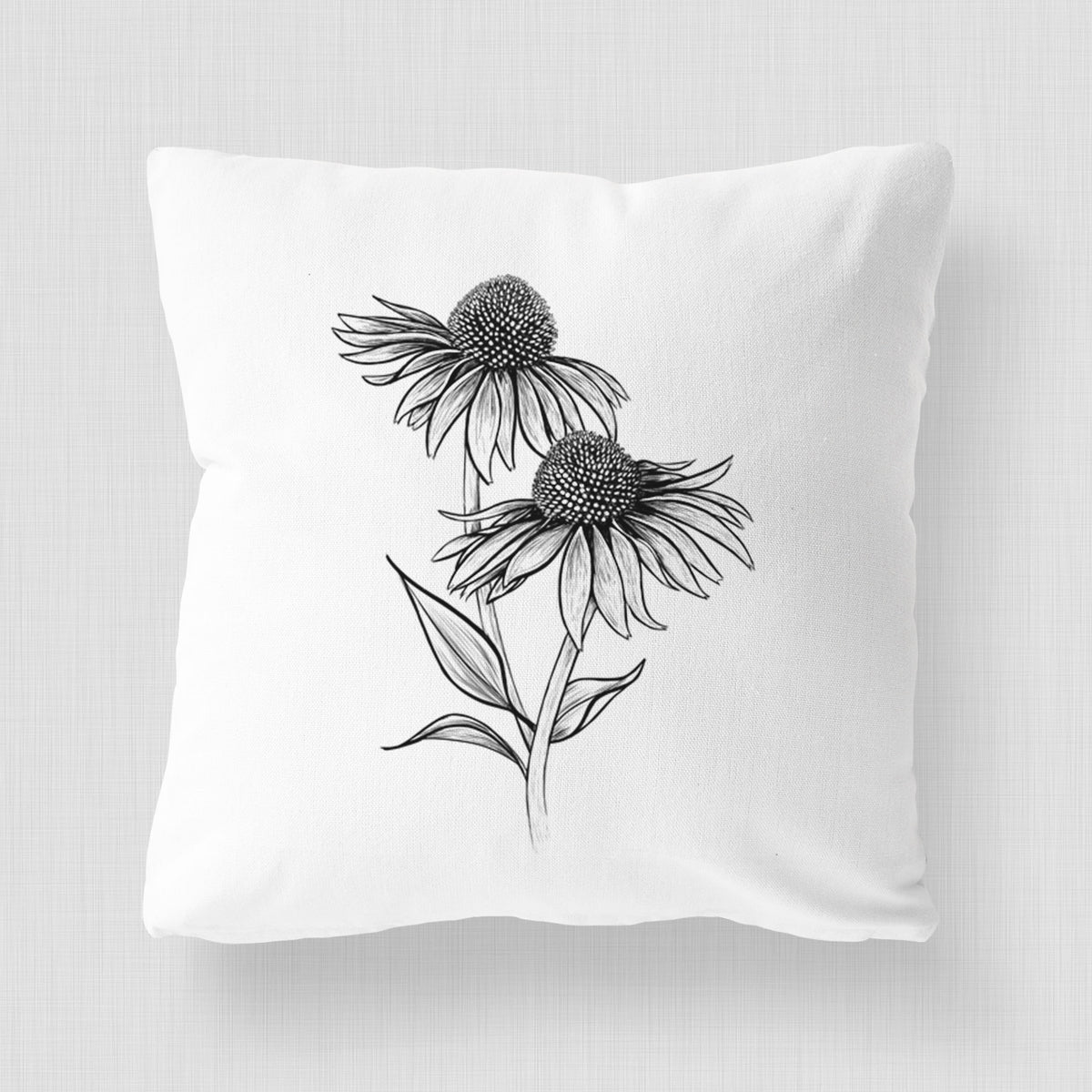 White pillow cover printed with a black ink line drawing of two coneflowers on tall stems.