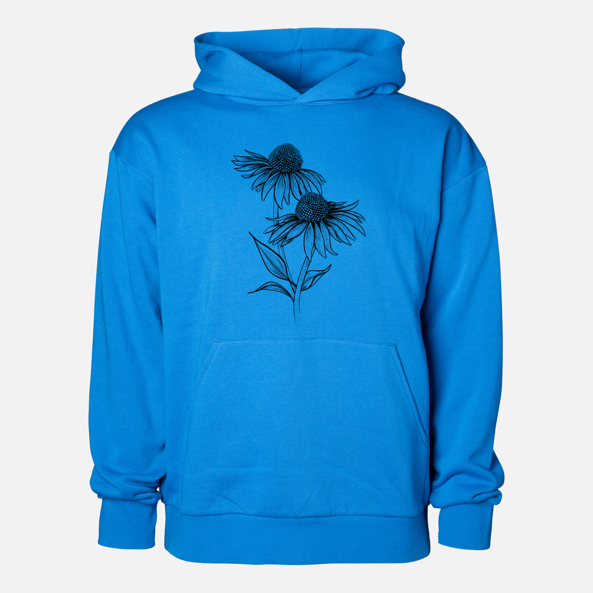 Coneflower - Echinacea purpurea - Statement Midweight Hoodie in Azure Blue, shown from the front with the design printed on the chest above a front kangaroo pocket.