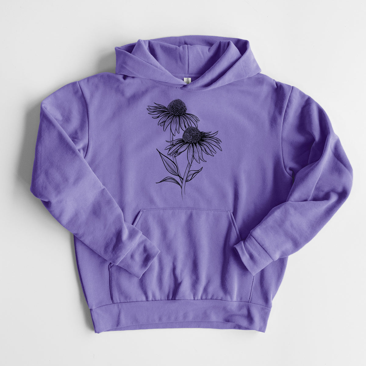 Coneflower - Echinacea purpurea - Statement Midweight Hoodie in Violet, laid flat, showing the oversized boxy fit and front kangaroo pocket.