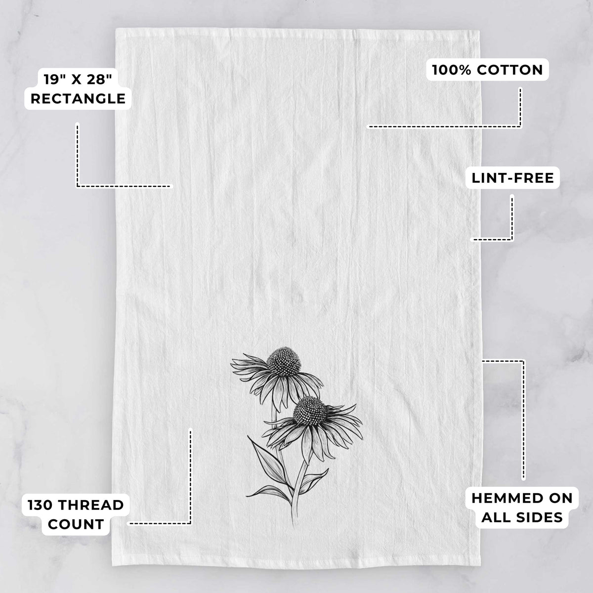 White tea towel printed with a black ink line drawing of two coneflowers on tall stems, with feature labels: 19 by 28 inch rectangle, 100% cotton, lint-free, 130 thread count, hemmed on all sides.
