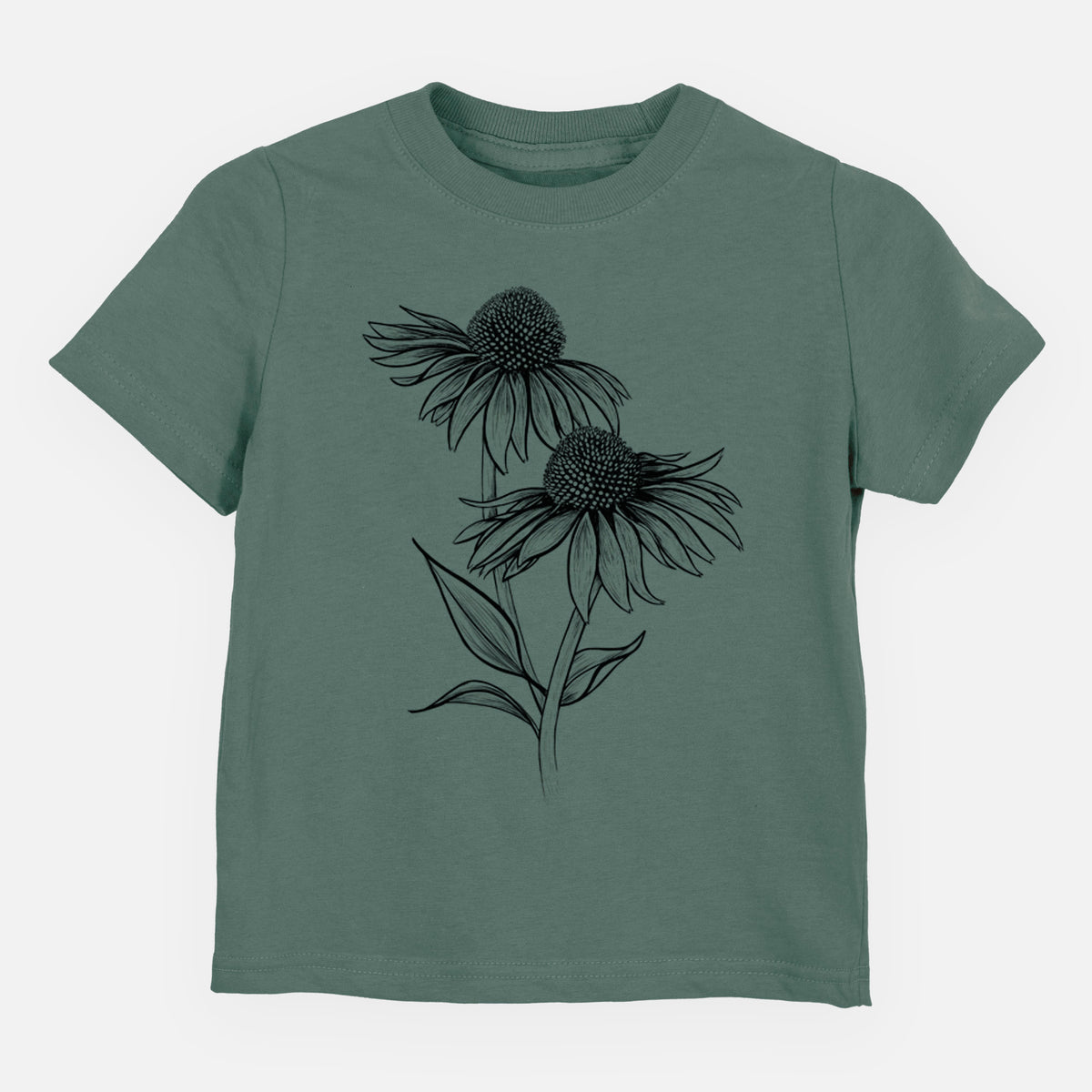 Basil green toddler t-shirt laid flat, printed with a black ink line drawing of two coneflowers on tall stems.