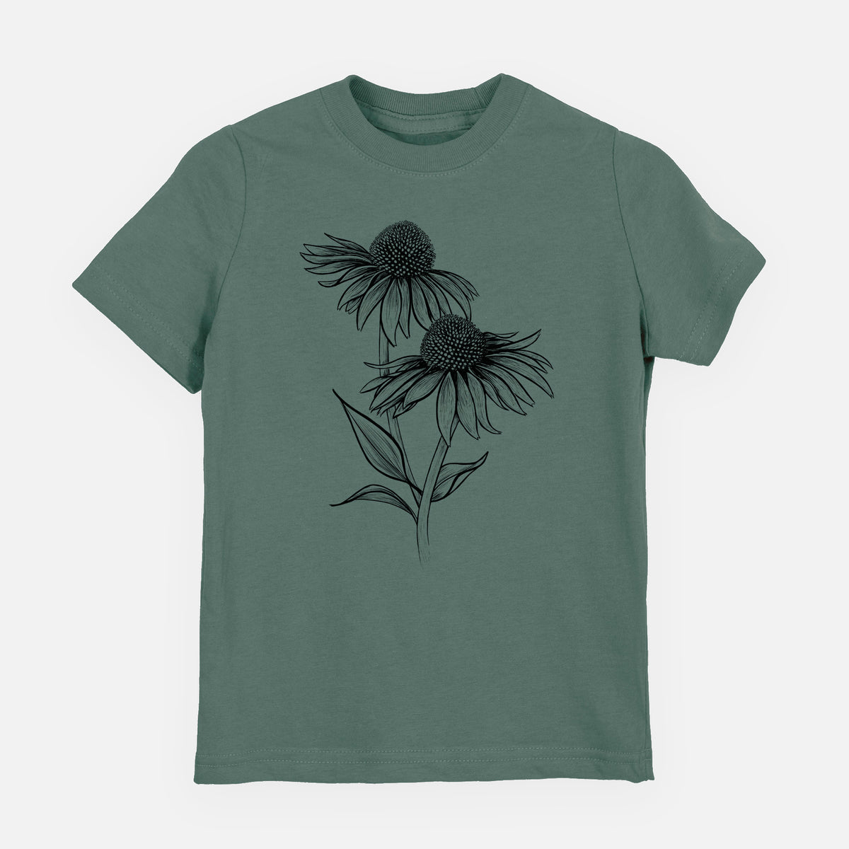 Basil green youth t-shirt laid flat, printed with a black ink line drawing of two coneflowers on tall stems.