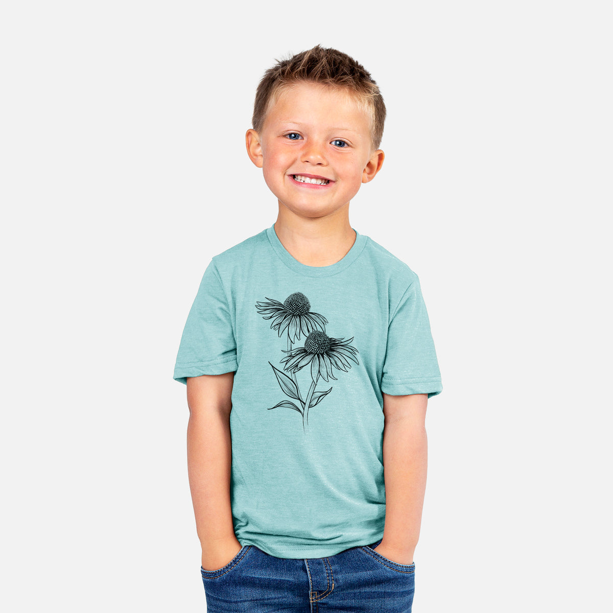 Smiling boy wearing a youth t-shirt printed with a black ink line drawing of two coneflowers on tall stems.