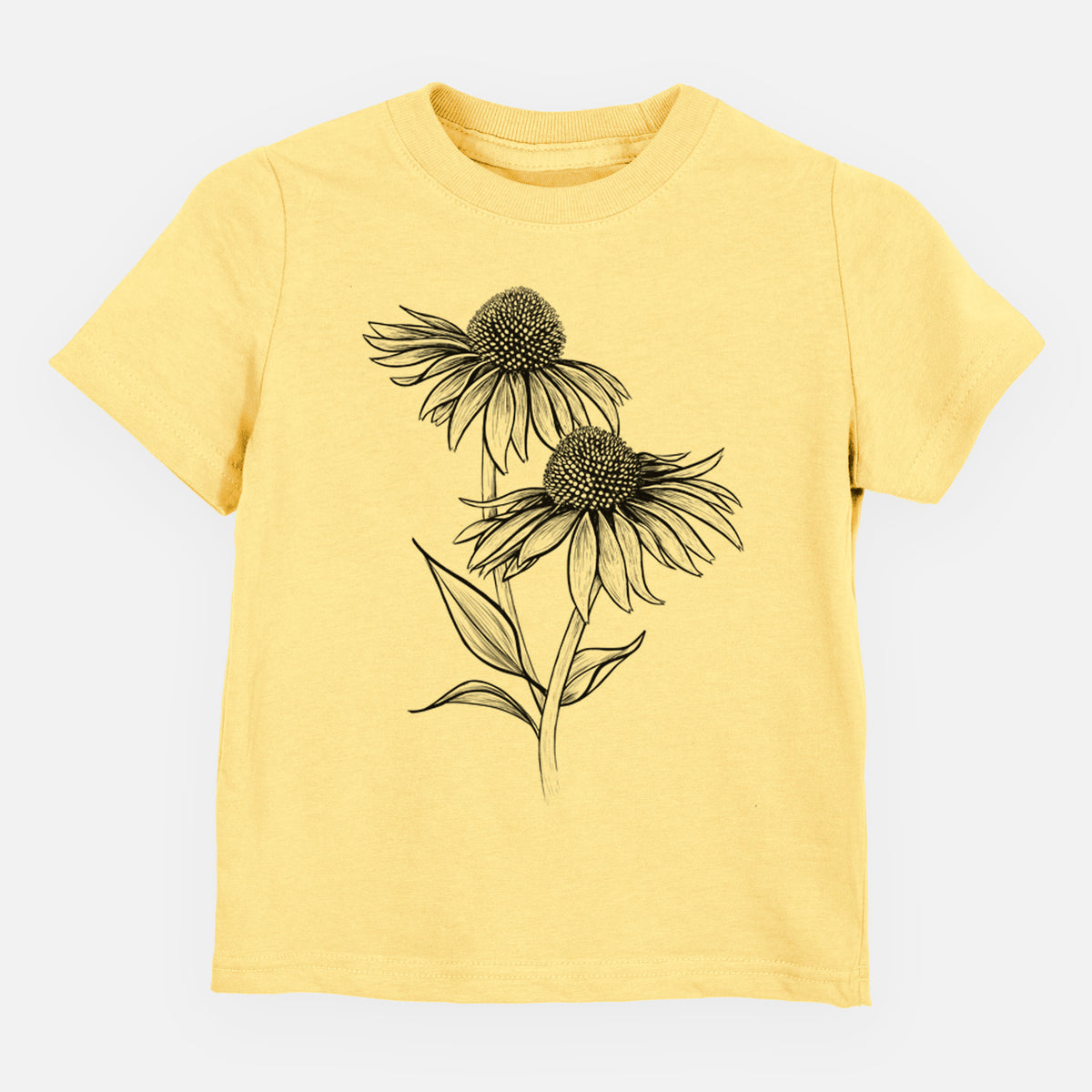Butter yellow toddler t-shirt laid flat, printed with a black ink line drawing of two coneflowers on tall stems.