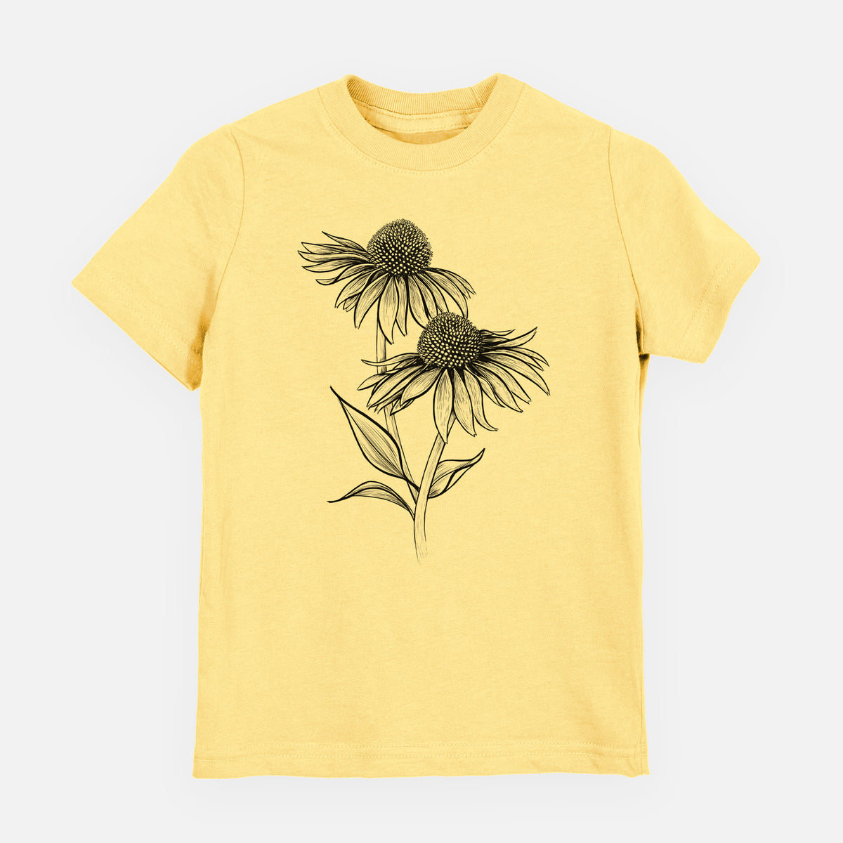 Butter yellow youth t-shirt laid flat, printed with a black ink line drawing of two coneflowers on tall stems.