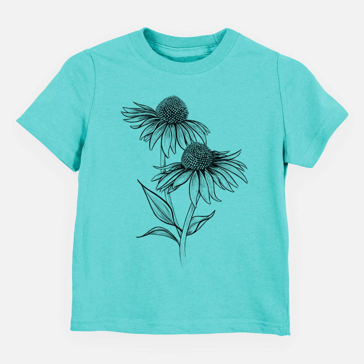 Caribbean blue toddler t-shirt laid flat, printed with a black ink line drawing of two coneflowers on tall stems.