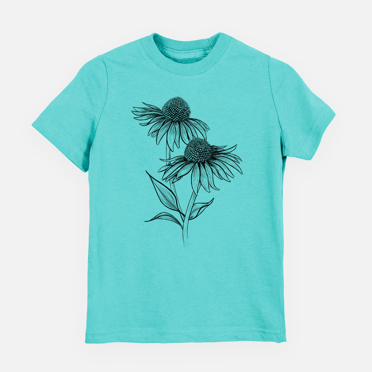 Caribbean blue youth t-shirt laid flat, printed with a black ink line drawing of two coneflowers on tall stems.