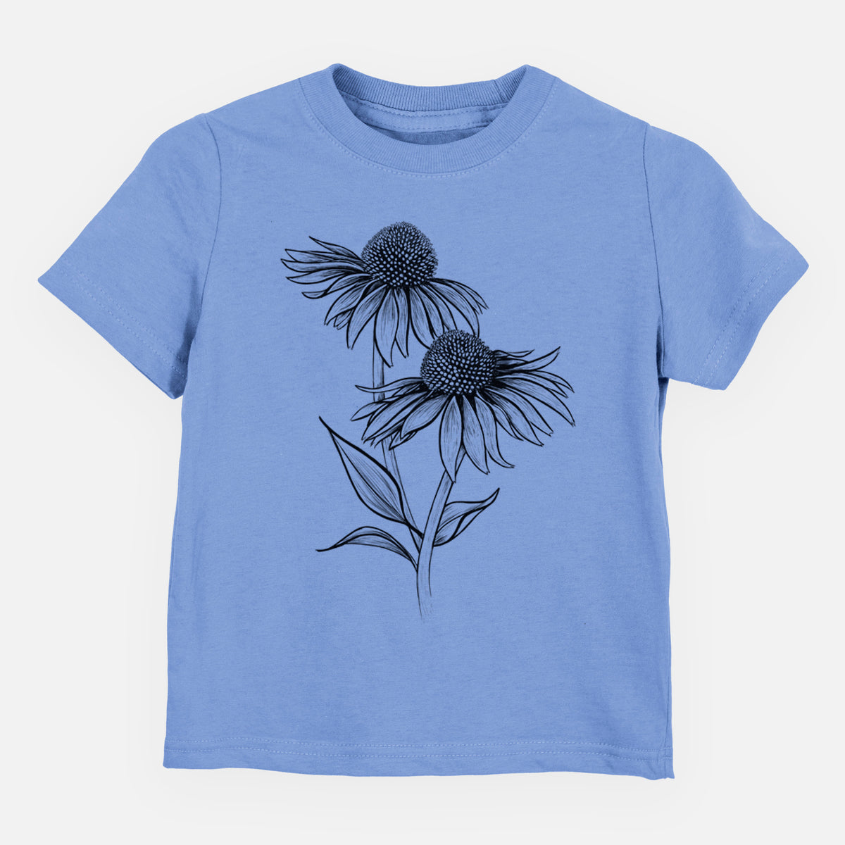 Carolina blue toddler t-shirt laid flat, printed with a black ink line drawing of two coneflowers on tall stems.