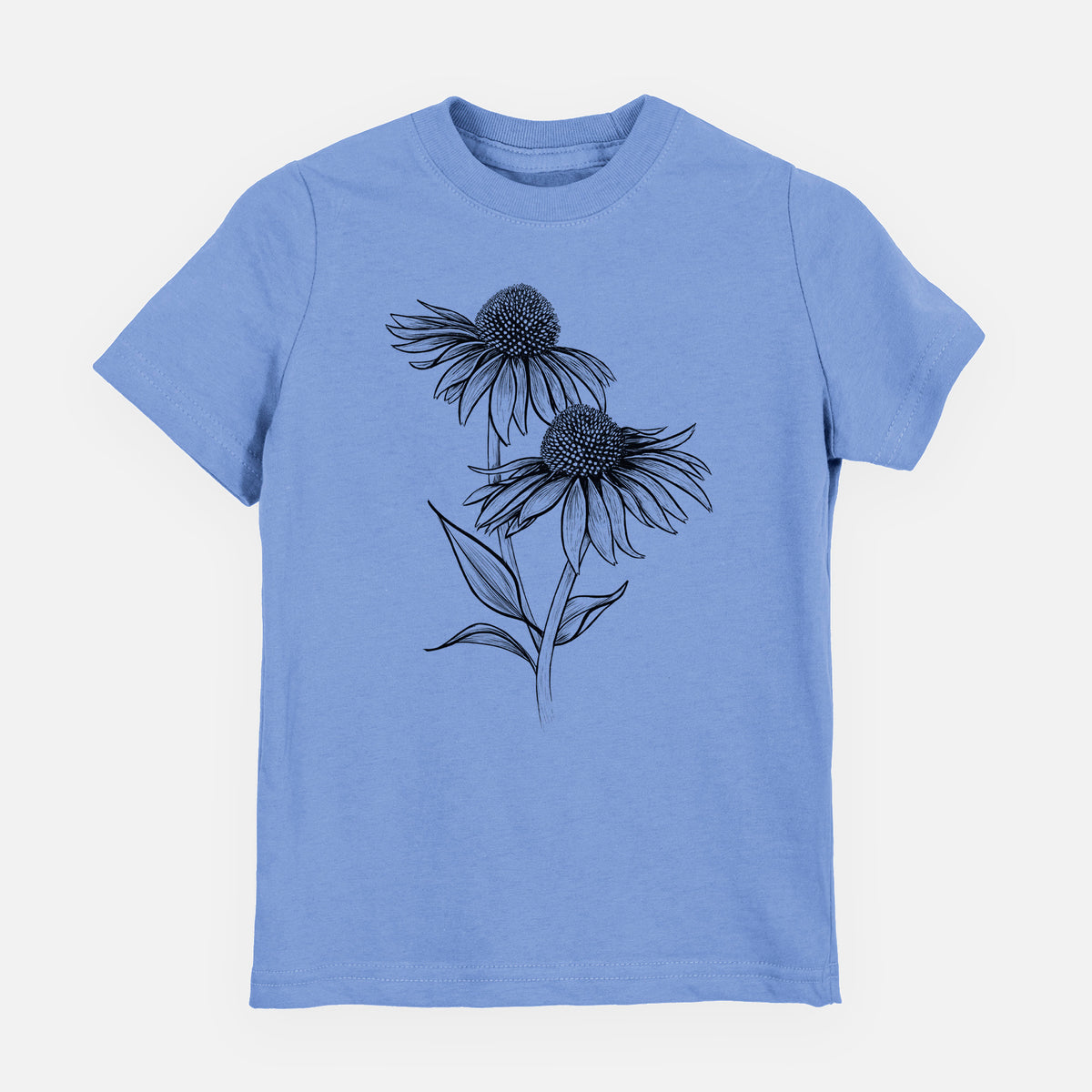 Carolina blue youth t-shirt laid flat, printed with a black ink line drawing of two coneflowers on tall stems.