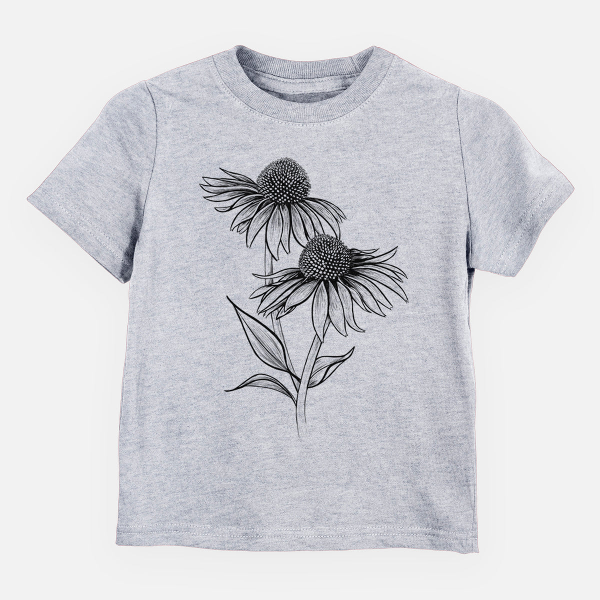 Heather grey toddler t-shirt laid flat, printed with a black ink line drawing of two coneflowers on tall stems.