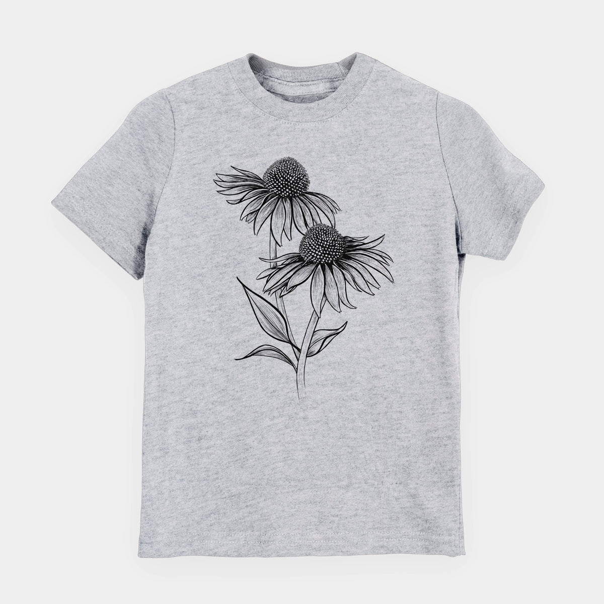 Heather grey youth t-shirt laid flat, printed with a black ink line drawing of two coneflowers on tall stems.
