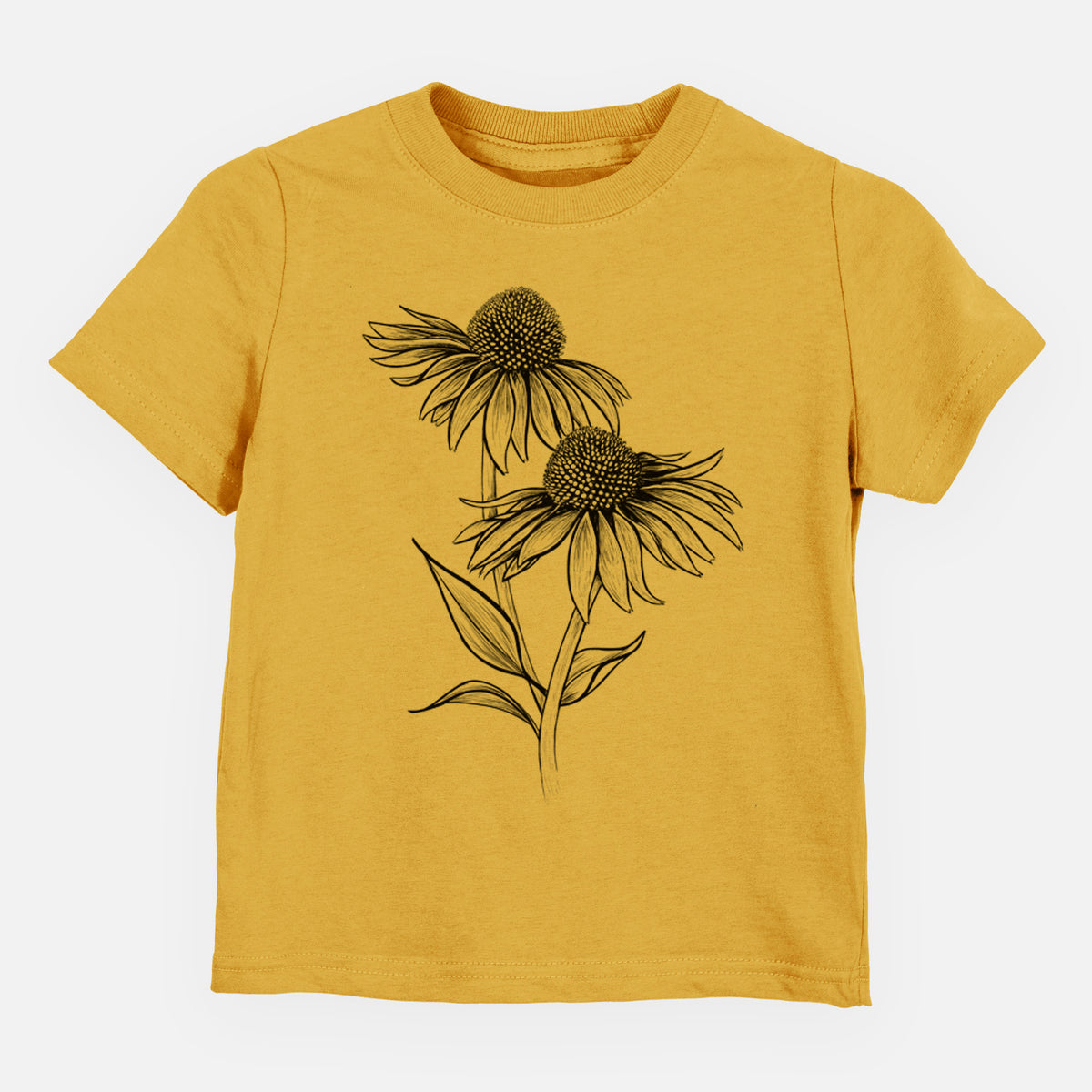 Honeycomb yellow toddler t-shirt laid flat, printed with a black ink line drawing of two coneflowers on tall stems.