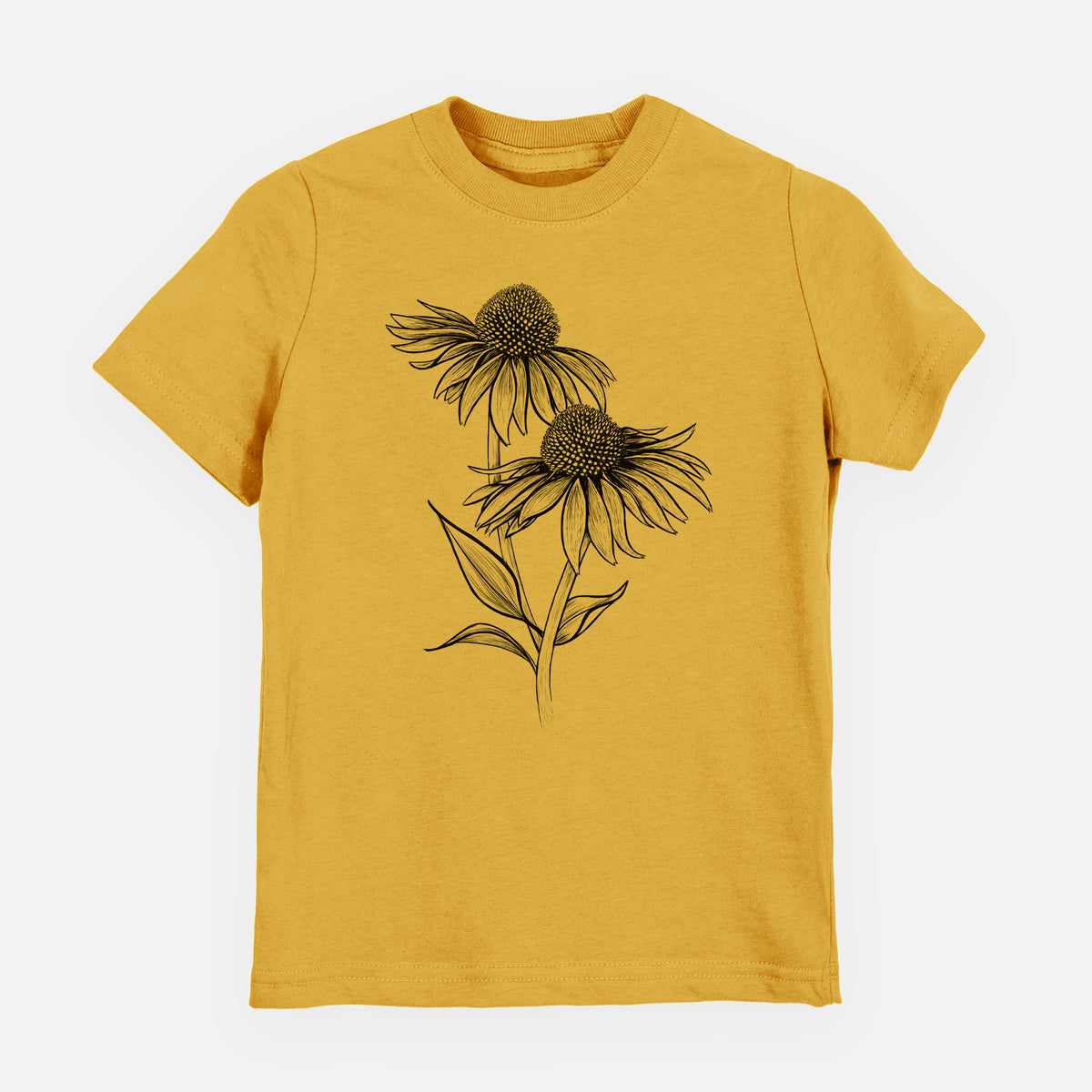 Honeycomb yellow youth t-shirt laid flat, printed with a black ink line drawing of two coneflowers on tall stems.