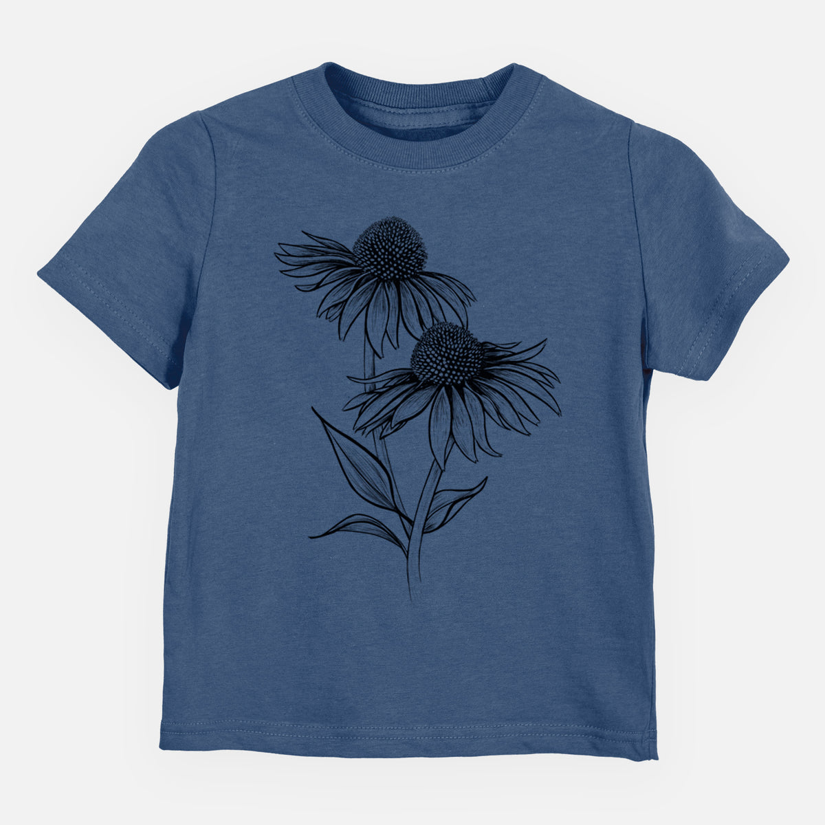 Indigo blue toddler t-shirt laid flat, printed with a black ink line drawing of two coneflowers on tall stems.