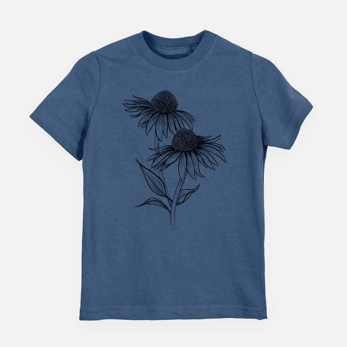 Indigo blue youth t-shirt laid flat, printed with a black ink line drawing of two coneflowers on tall stems.